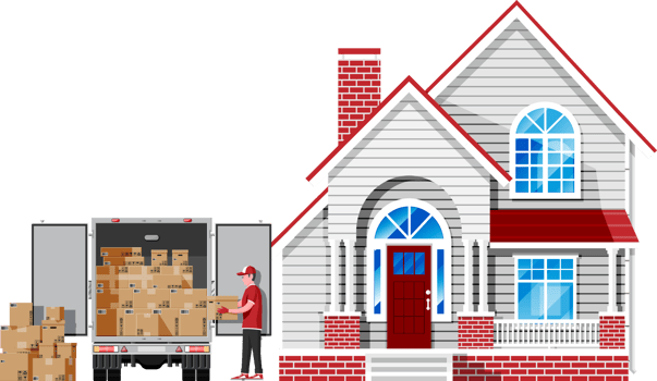 Delivery van full of cardboard boxes and house png