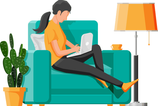 Freelancer girl in armchair works at home. png