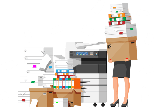 Stressed businesswoman in pile of office documents png