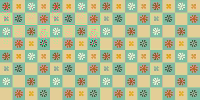 A retro style seamless pattern with a hippie flower aesthetic design and checkered vector background. Print surface for textiles, wrapping, and webs.