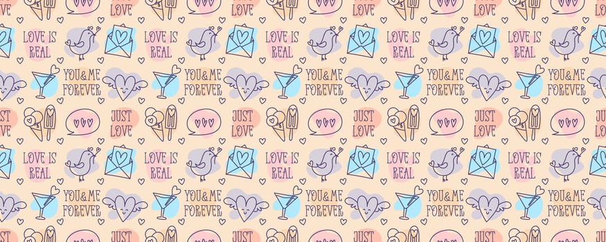 Valentines Day doodle style candy color seamless pattern, hand-drawn love theme icons and quotes cute background. Romantic mood collection. vector