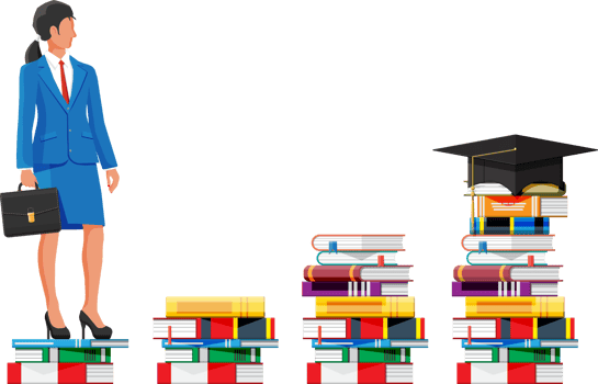 Businesswoman on stack of books. png