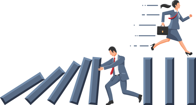 Businessman stopping domino effect. png