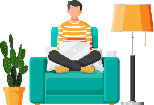 Freelancer boy in armchair works at home. png