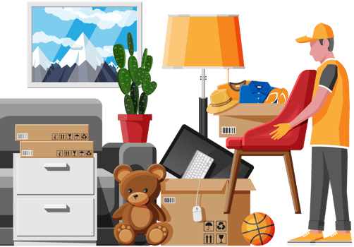 Sofa with cardboard boxes with household items png