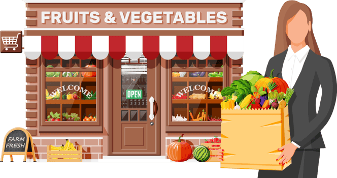 Fruit and vegetable store facade with woman png
