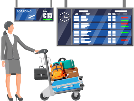 Woman and Hand Truck Full of Bags in Terminal. png