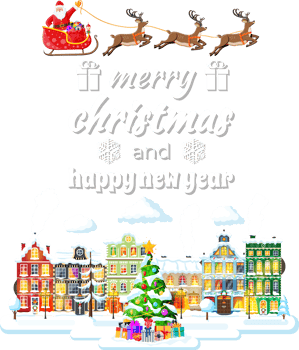 Christmas Card with Urban Landscape and Snowfall. png