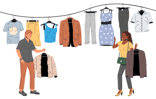 Man and woman near rack with clothes png