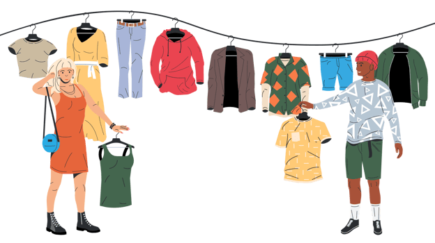Man and woman near rack with clothes png