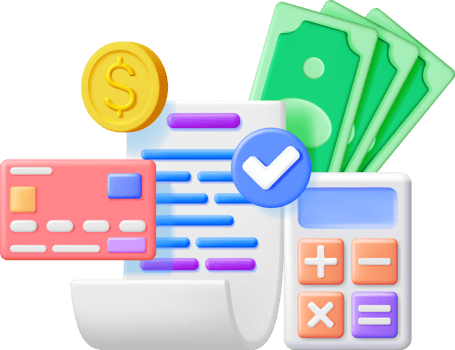 3D Receipt with Money, Bank Card and Calculator png