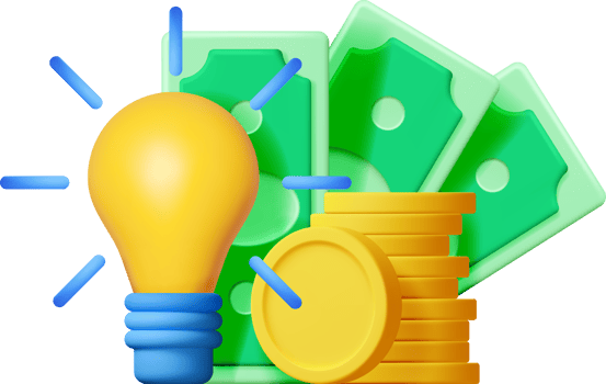 3D Light Bulb with Golden Coins and Banknotes. png
