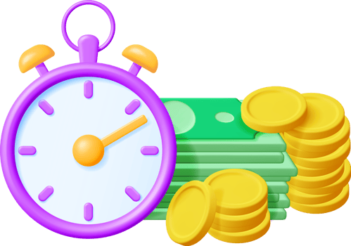 3D Clock with Dollar Banknotes and Coins png