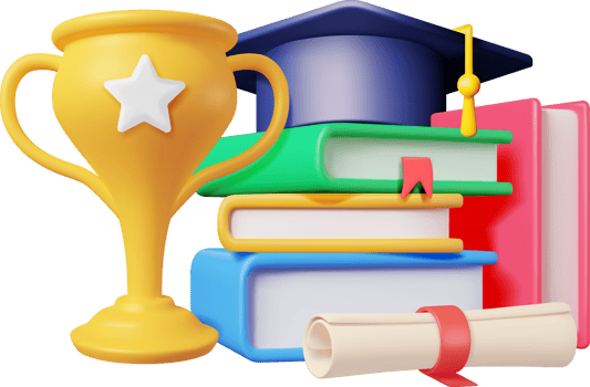 3D Gold Trophy, Books Stack and Graduation Cap png