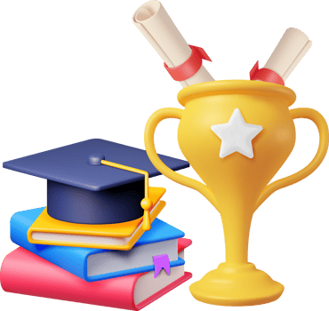 3D Gold Trophy, Books Stack and Graduation Cap png