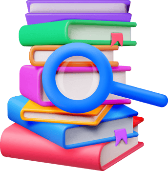 3D Stack of Closed Books with Magnifying Glass png