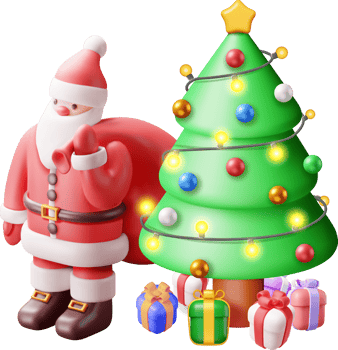 3D Santa Claus with Gift Bag and Christmas Tree png