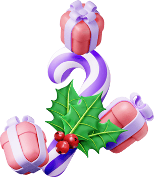 3D Christmas Twig of Holly, Gift Boxes, Candy Cane png
