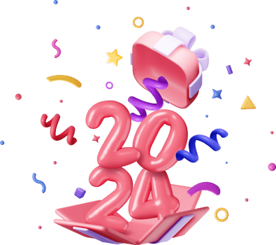 3D Open Gift Box with Sign 2024 and Confetti png