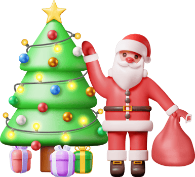 3D Santa Claus with Gift Bag and Christmas Tree png