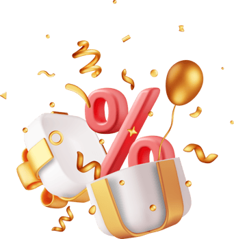 3D Gift Box with Percentage Symbol and Confetti png