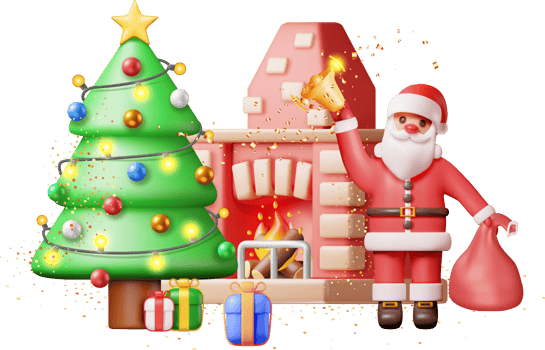 3D Red Brick New Year Fireplace and Santa Claus. png