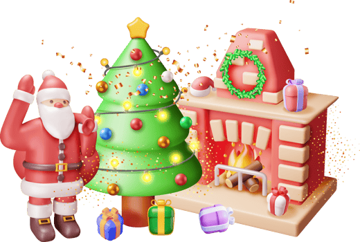 3D Red Brick New Year Fireplace and Santa Claus. png