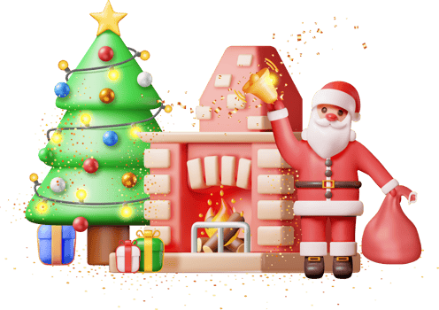 3D Red Brick New Year Fireplace and Santa Claus. png