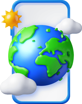 3d Smartphone with Globe or Earth, Sun and Clouds png
