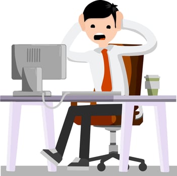Man holding his head. Broken equipment. Broken computer. Crash the system. Office Crazy scared boss behind the monitor. Confused businessman. Cartoon flat illustration vector