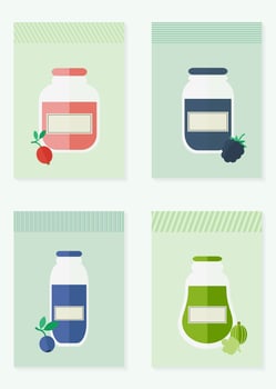 Set of cards, tags or stickers with jars of jam and juice vector