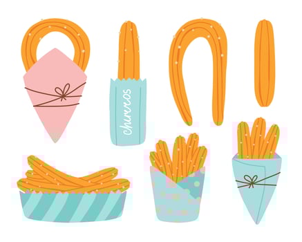 Set of churros in paper bags. Collection of Mexican churros. Vector illustration in flat hand drawn style.