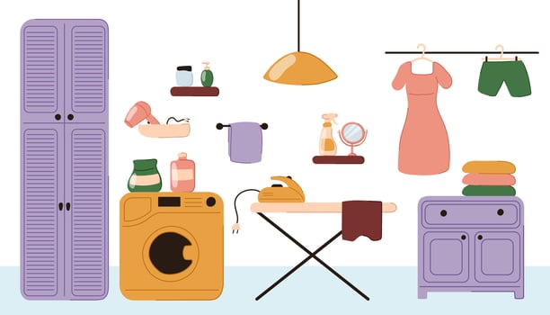 Interior of a home laundry in flat doodle style. Wardrobe, washing machine, ironing board, iron, clothes hanger, laundry and cleaning products. Vector illustration.