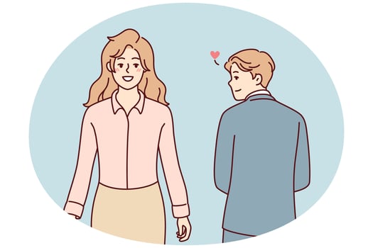 Man in business clothes looks back at beautiful woman having romantic feelings. Vector image