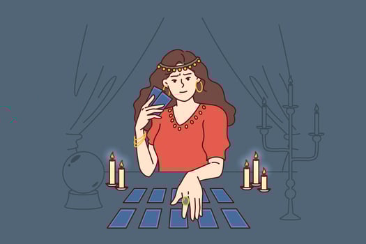 Soothsayer woman holds tarot cards predicting future and performing magical ritual vector