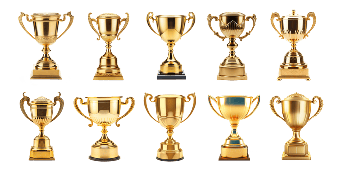 AI generated Generative AI, PNG set of 10 trophy cup. Champion trophy, shiny golden cup, sport award. Winner prize