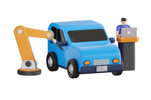 Industrial robot arm repair a car 3d illustration. Process of automated car production. 3D Illustration png