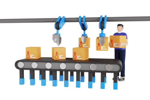 Cardboard boxes on conveyor belt in factory 3d illustration. 3D Illustration of Box on Automatic Mechanical Packing Conveyor Line png