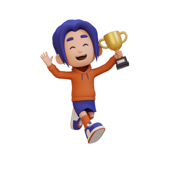3D girl character celebrating win holding a trophy png