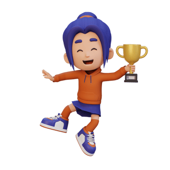 3D girl character celebrating win holding a trophy png