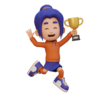 3D girl character celebrating win holding a trophy png