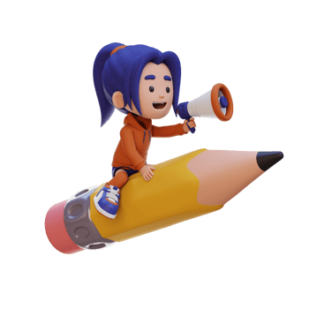 3D girl character riding a pencil and holding megaphone png