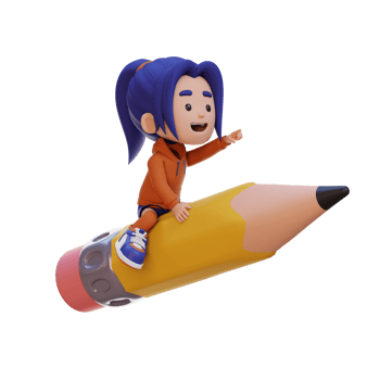 3D girl character riding a pencil and pointing hand png
