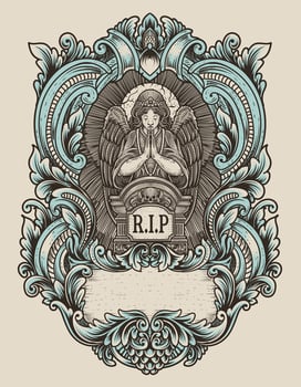 Illustration vector angels praying at the tombstone with engraving ornament frame