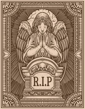 Illustration vector angels praying at the tombstone with engraving ornament frame