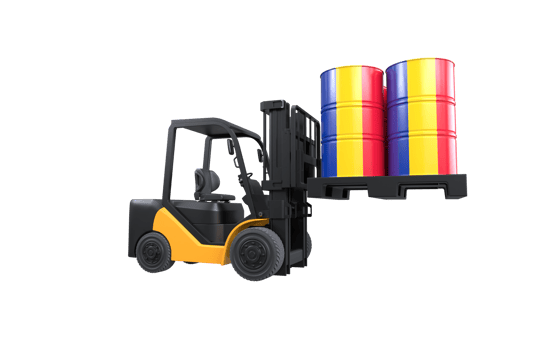 Forklift lifting fuel tank with Romania flag on transparent background, PNG file