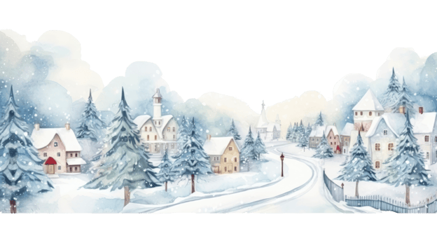AI generated watercolor winter cute town landscape isolated on a transparent background. png