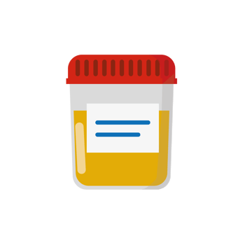 Urine analysis. Urine test icon. Pee sample in a plastic box. Medical sample in a glass tube. Laboratory container. png