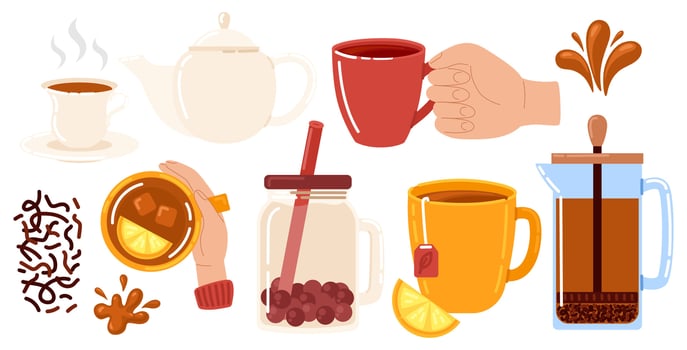 Tea collection. Cups with tea, mugs, ceramic and glass teapot, kettle. Tea party. Tea time. Vector illustration in doodle style