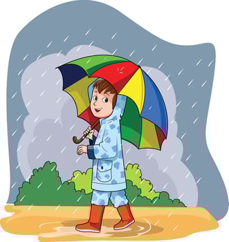 Little boy carrying colourful umbrella in the rainy season vector illustration